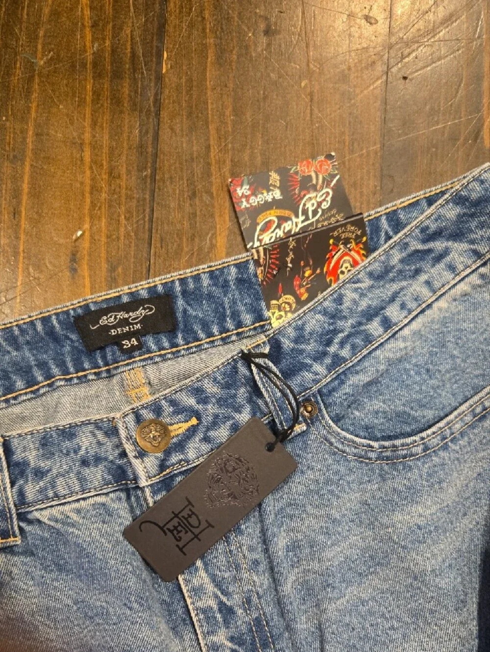 Ed Hardy Blue Denim Wide-Leg Jeans with Colorful Embroidered Back - Picture 5 of 5
